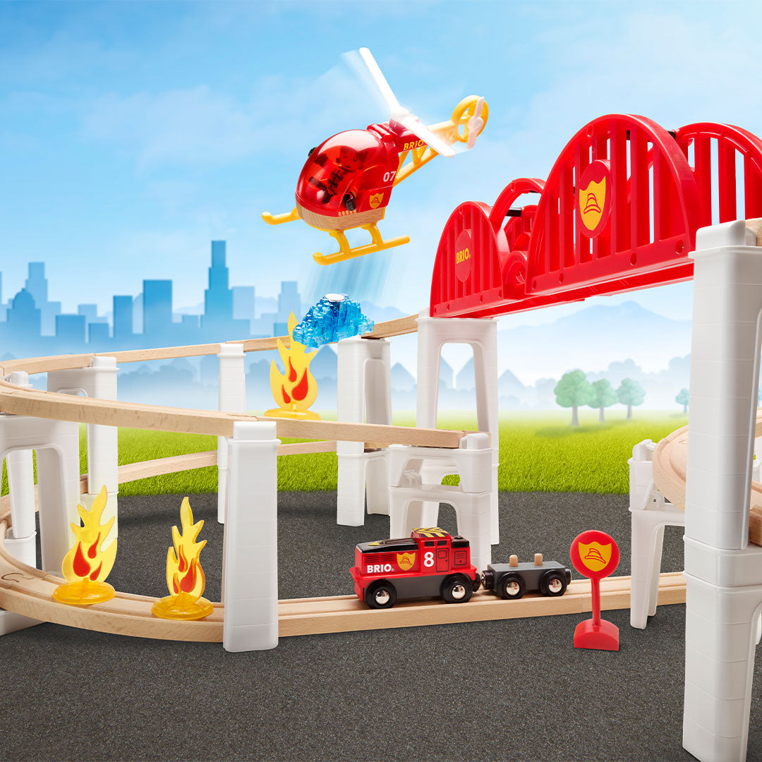 BRIO World Mega Spiral Set 73-piece wooden railway with battery-powered train, spiral supports, bridge, helicopter and cargo accessories