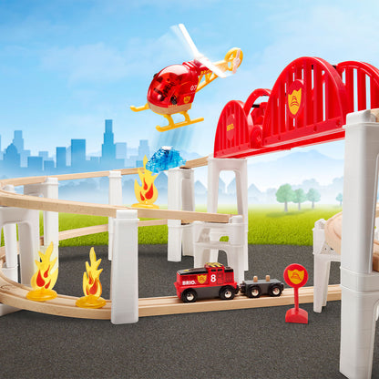 BRIO World Mega Spiral Set 73-piece wooden railway with battery-powered train, spiral supports, bridge, helicopter and cargo accessories