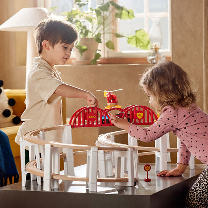 BRIO World Mega Spiral Set 73-piece wooden railway with battery-powered train, spiral supports, bridge, helicopter and cargo accessories