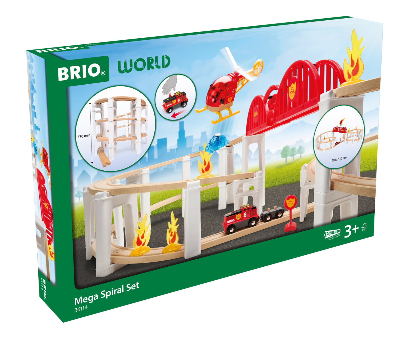 BRIO World Mega Spiral Set 73-piece wooden railway with battery-powered train, spiral supports, bridge, helicopter and cargo accessories