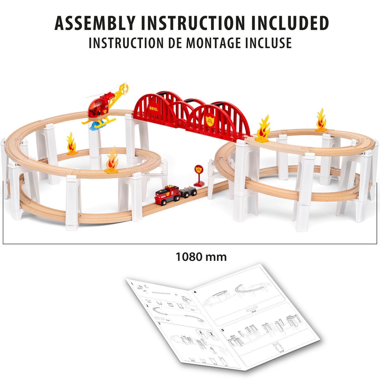 BRIO World Mega Spiral Set 73-piece wooden railway with battery-powered train, spiral supports, bridge, helicopter and cargo accessories