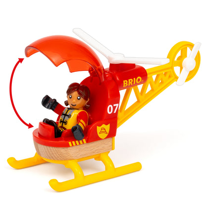 BRIO World Mega Spiral Set 73-piece wooden railway with battery-powered train, spiral supports, bridge, helicopter and cargo accessories