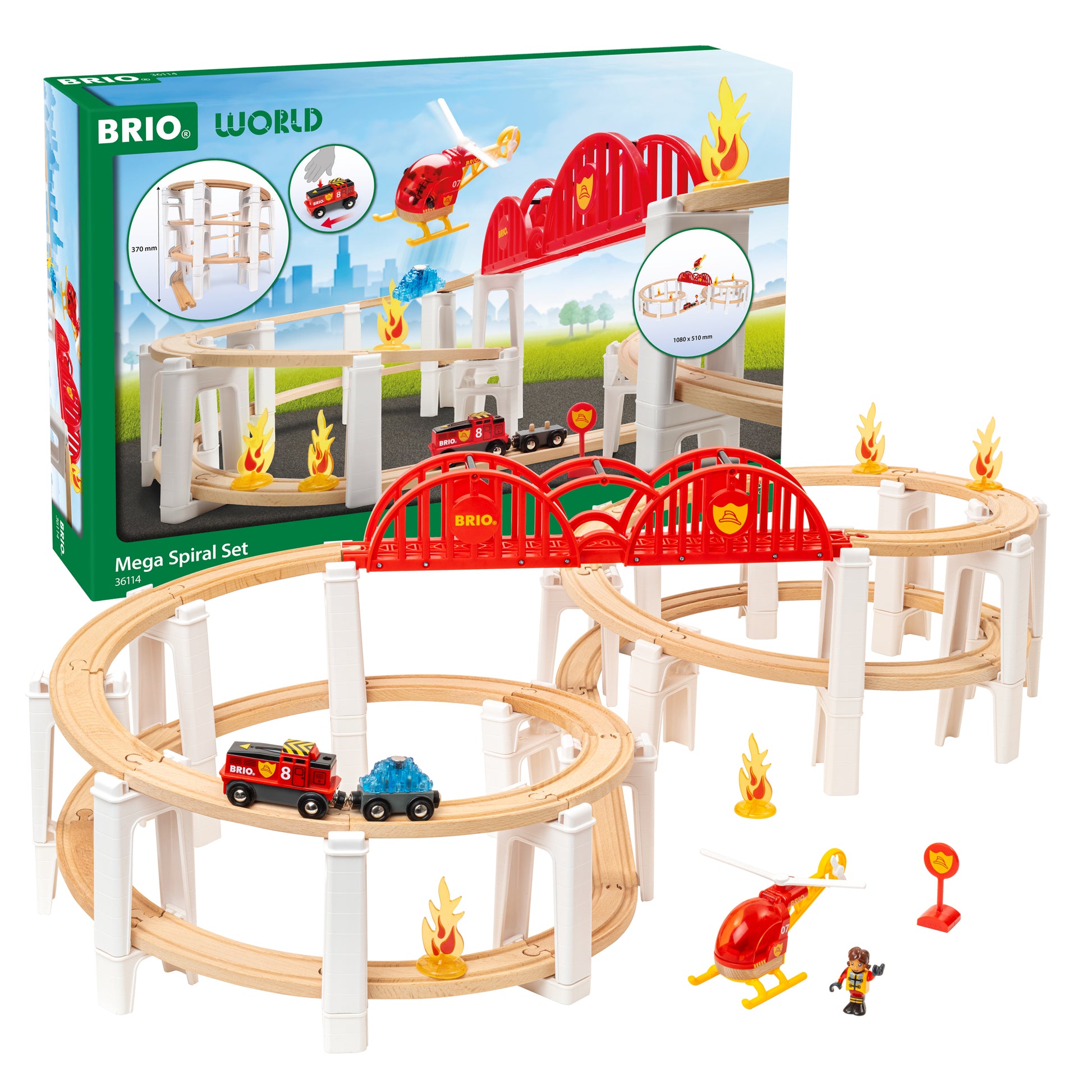 BRIO World Mega Spiral Set 73-piece wooden railway with battery-powered train, spiral supports, bridge, helicopter and cargo accessories