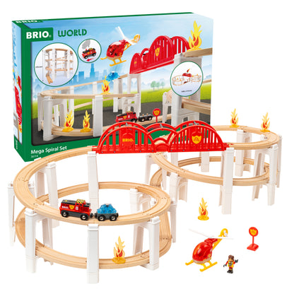 BRIO World Mega Spiral Set 73-piece wooden railway with battery-powered train, spiral supports, bridge, helicopter and cargo accessories