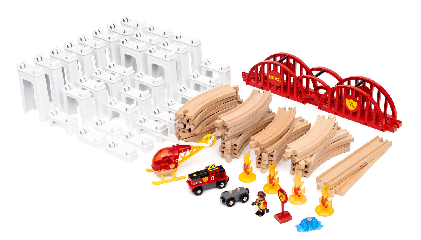 BRIO World Mega Spiral Set 73-piece wooden railway with battery-powered train, spiral supports, bridge, helicopter and cargo accessories