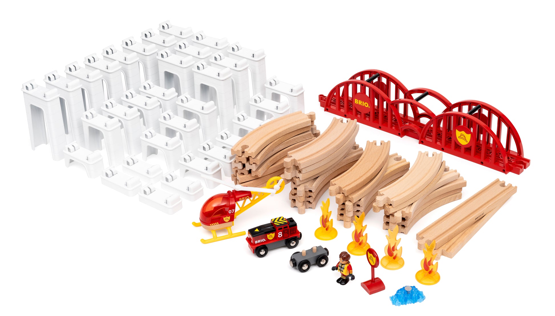 BRIO World Mega Spiral Set 73-piece wooden railway with battery-powered train, spiral supports, bridge, helicopter and cargo accessories