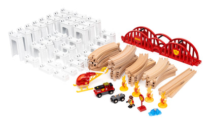 BRIO World Mega Spiral Set 73-piece wooden railway with battery-powered train, spiral supports, bridge, helicopter and cargo accessories
