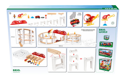 BRIO World Mega Spiral Set 73-piece wooden railway with battery-powered train, spiral supports, bridge, helicopter and cargo accessories