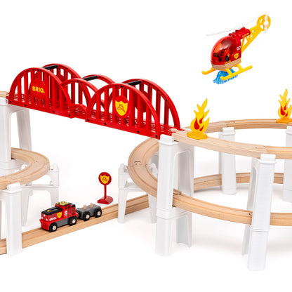BRIO World Mega Spiral Set 73-piece wooden railway with battery-powered train, spiral supports, bridge, helicopter and cargo accessories