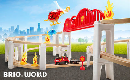 BRIO World Mega Spiral Set 73-piece wooden railway with battery-powered train, spiral supports, bridge, helicopter and cargo accessories