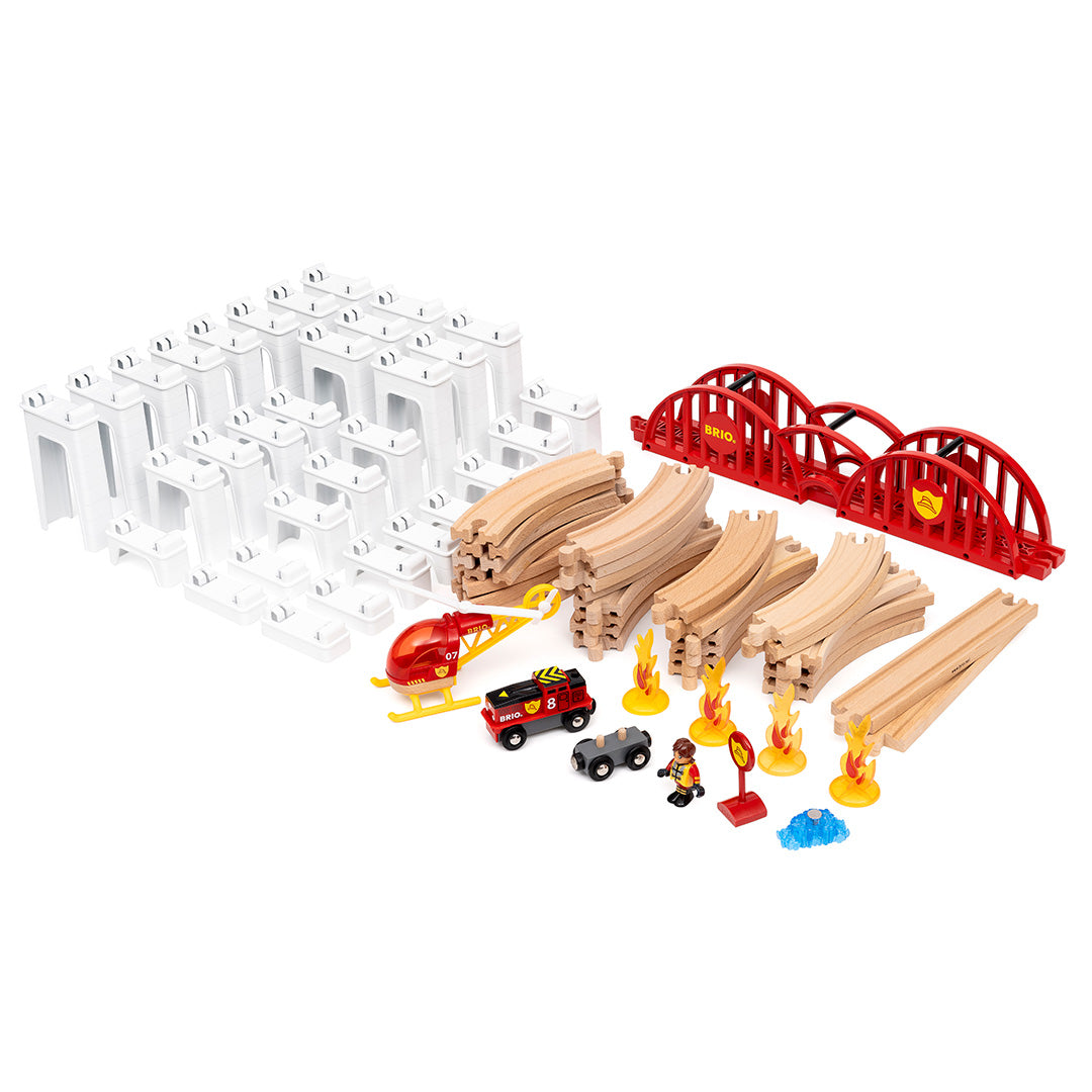 BRIO World Mega Spiral Set 73-piece wooden railway with battery-powered train, spiral supports, bridge, helicopter and cargo accessories
