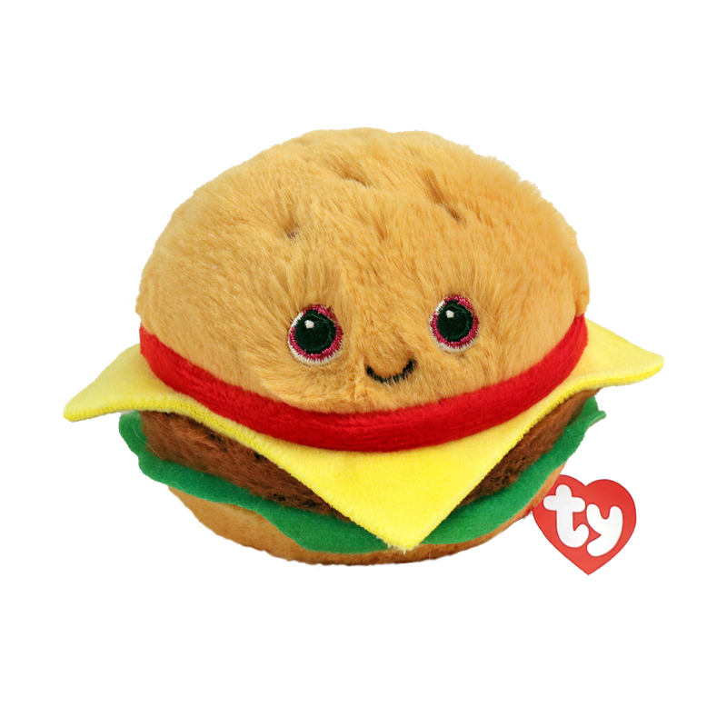 Buns the Hamburger Ty Beanie Bouncer soft plush toy photographed front-on, 10cm, on a white background