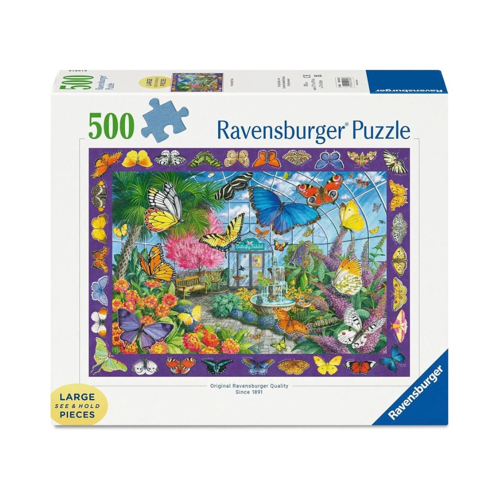 Ravensburger The Butterfly Place 500 piece puzzle box with colourful butterflies gathered among bright flowers
