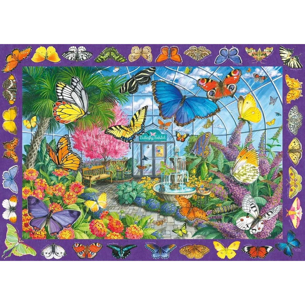 Completed Butterfly Place jigsaw measuring 49 x 36 cm showing intricate wing patterns and vivid blooms