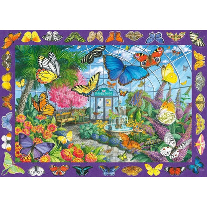 Completed Butterfly Place jigsaw measuring 49 x 36 cm showing intricate wing patterns and vivid blooms