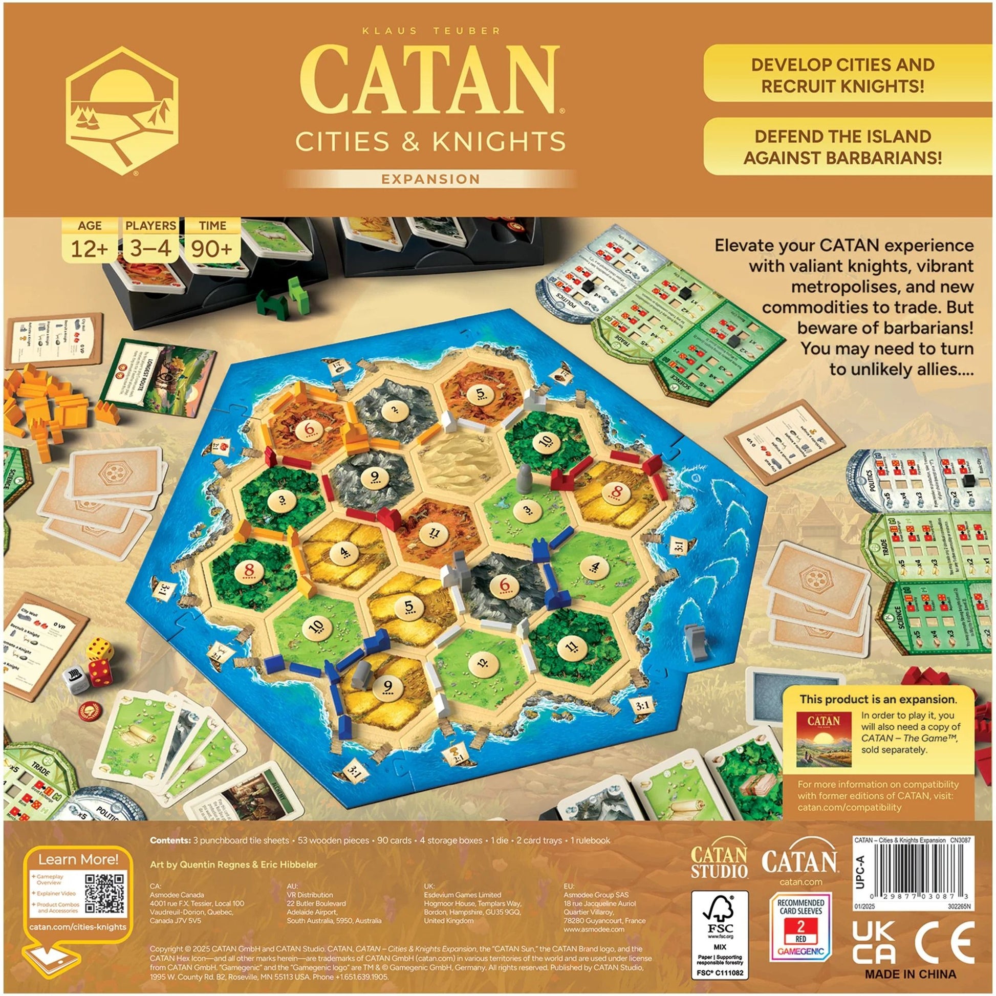 Back of Catan Cities and Knights Expansion 6th Edition box showing game contents