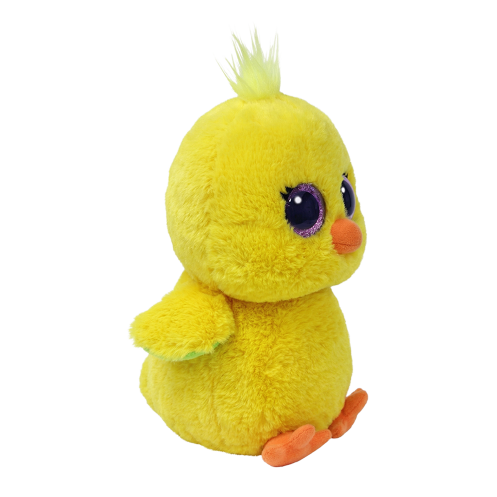 Side view of the Chirps the Yellow Chick Regular 15cm Ty plush with the red Ty Heart swing tag attached