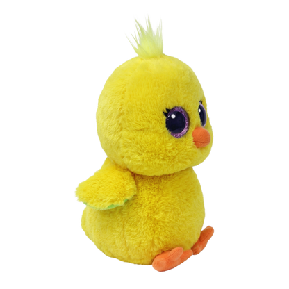 Side view of the Chirps the Yellow Chick Regular 15cm Ty plush with the red Ty Heart swing tag attached