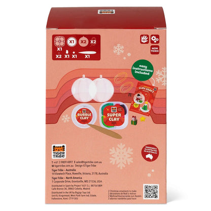 Snowman and tree clay ornament kit shown in its retail packaging with contents and age guidance
