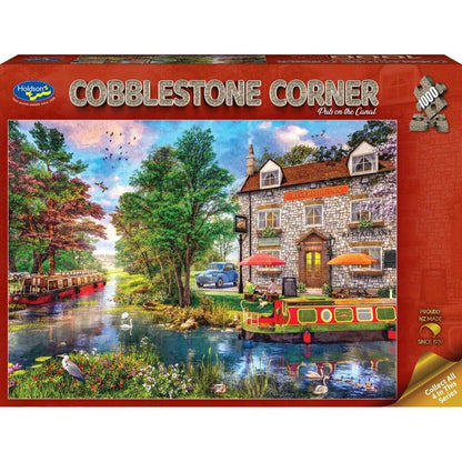 Cobblestone Corner Pub 1000 piece jigsaw puzzle box by Holdson showing a lit pub on a cobbled corner