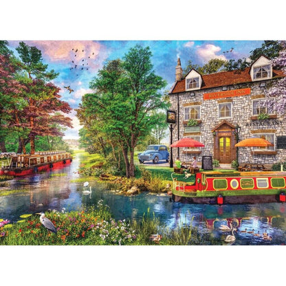 Cobblestone Corner Pub artwork detail with leadlight windows glowing over wet cobbles and flower baskets
