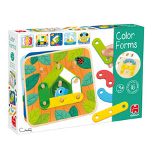 Goula Colour Forms wooden shape matching game with base, 22 coloured pieces and sheets
