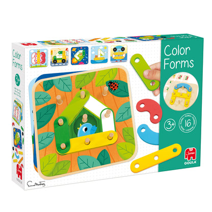 Goula Colour Forms wooden shape matching game with base, 22 coloured pieces and sheets