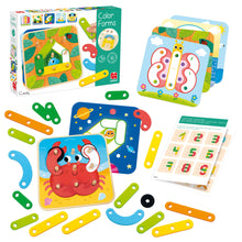 22 coloured wooden shapes from the Goula Colour Forms game arranged by colour and form