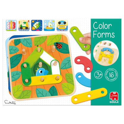 Completed Colour Forms design with coloured wooden shapes filling the printed outlines