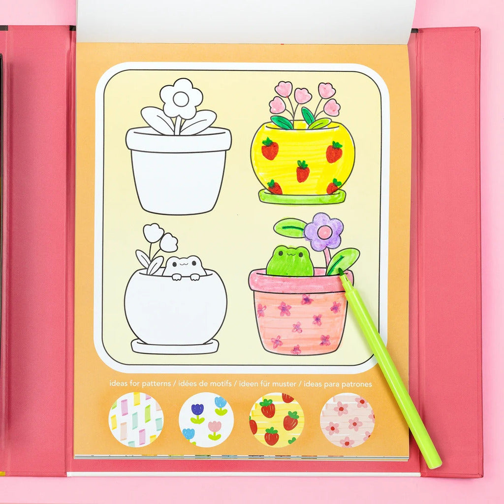 Sticker sheets from the colouring set fanned out to show the full-colour illustrated designs