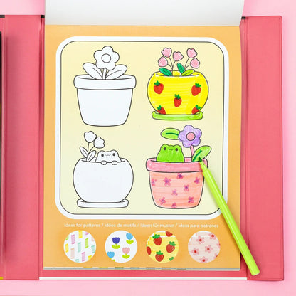 Sticker sheets from the colouring set fanned out to show the full-colour illustrated designs