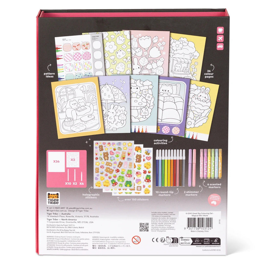 The full set of coloured markers laid out in a row beside the illustrated colouring pages