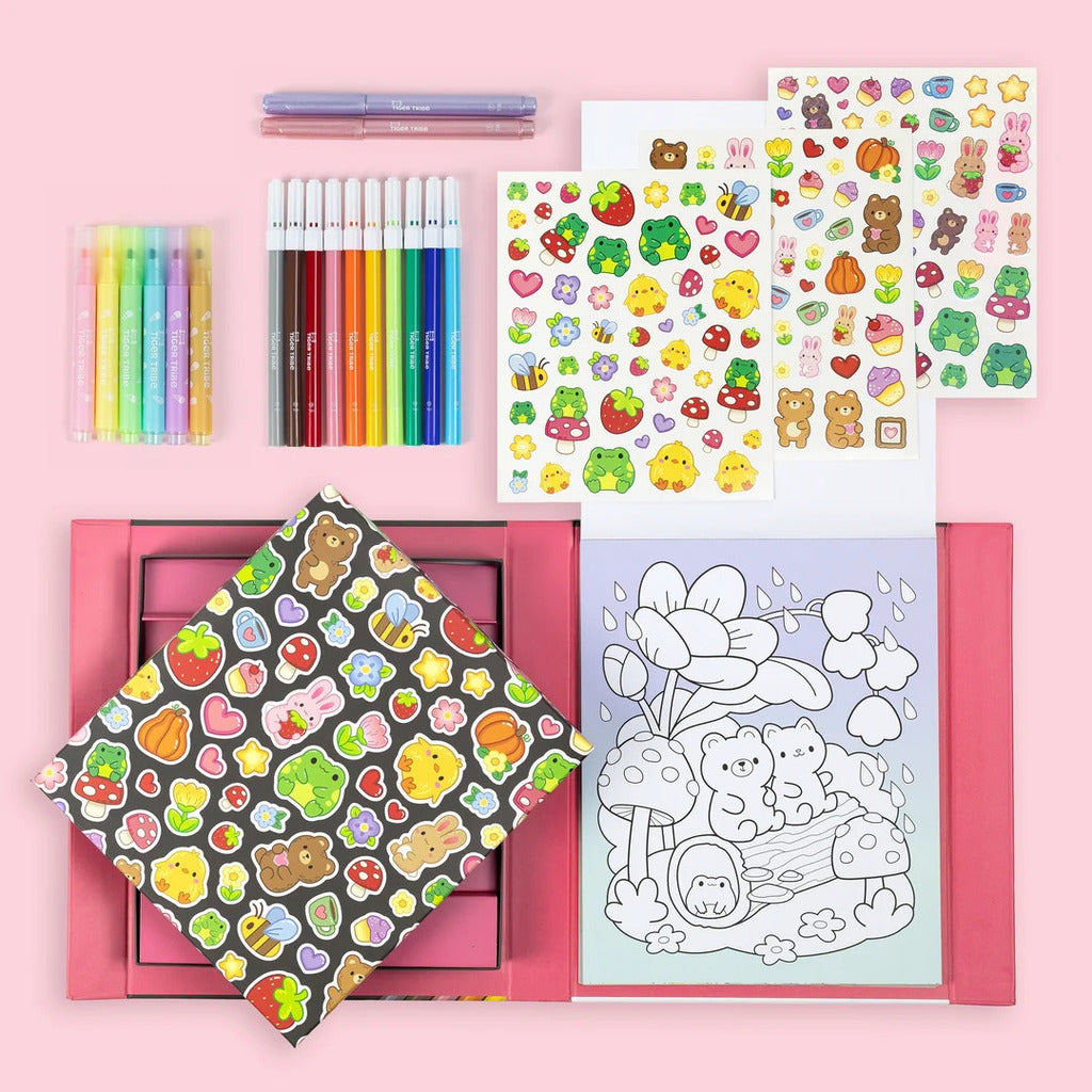 The colouring set box closed, showing the magnetic lid and illustrated Magical Mini Worlds cover art