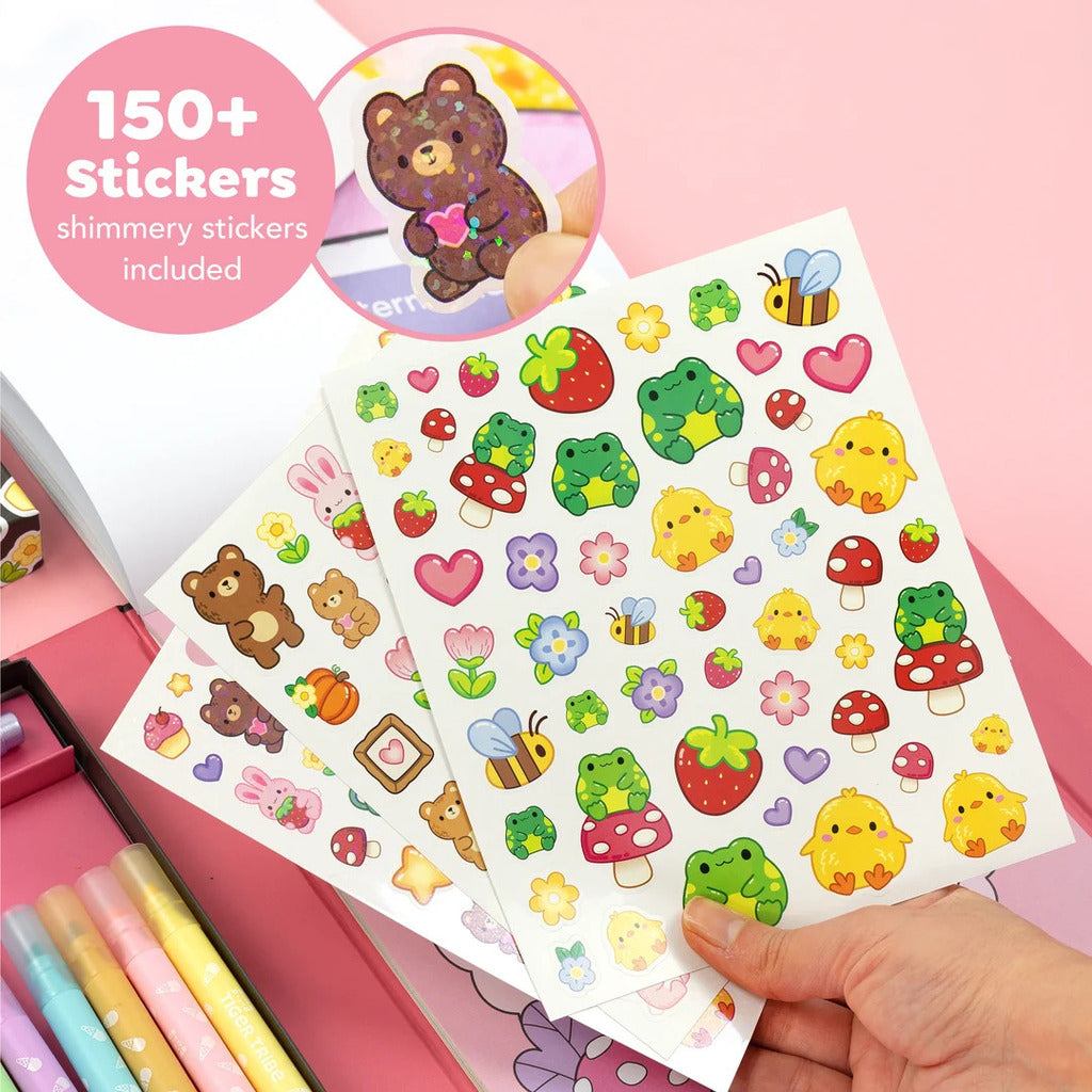 Box opened flat to show the markers, colouring pages and sticker sheets in their compartments