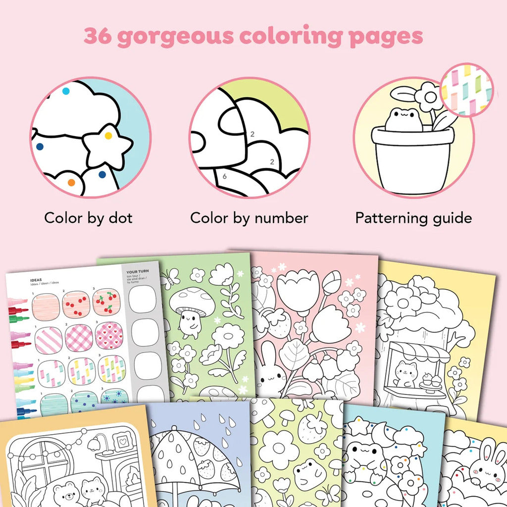 Colouring set packed away in its closed box, sized to fit inside a backpack or travel bag