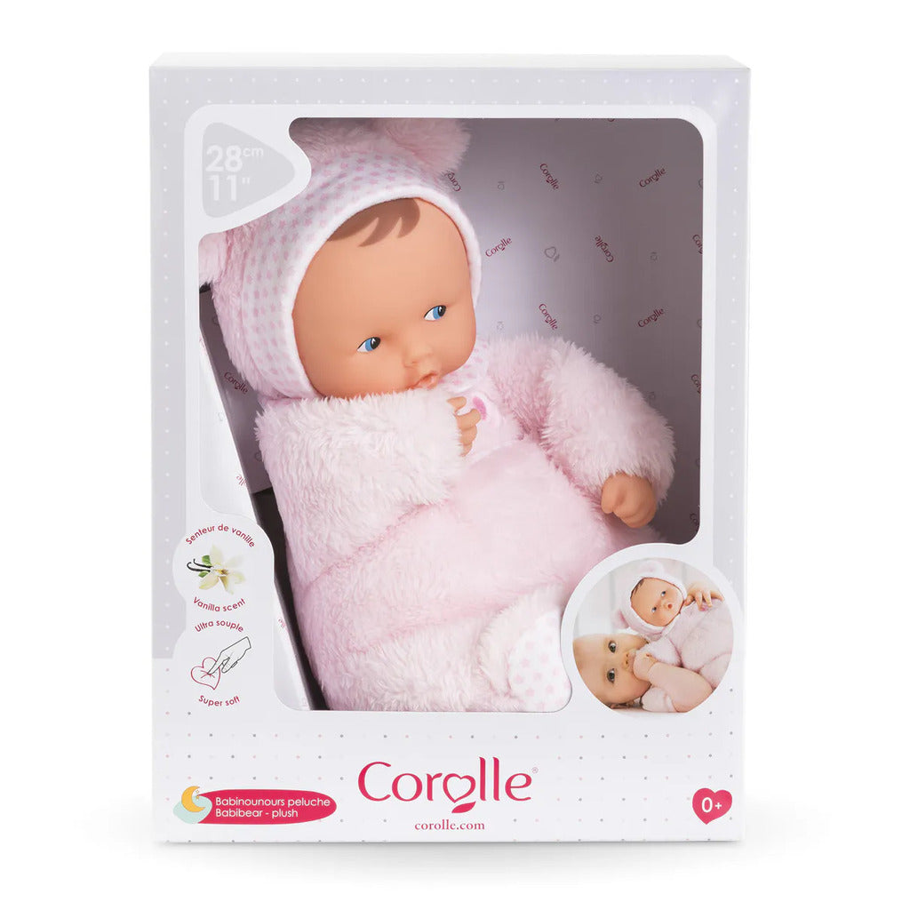 Side view of the floppy 28cm Babibear doll showing its lightweight fabric arms and legs for small hands to grip