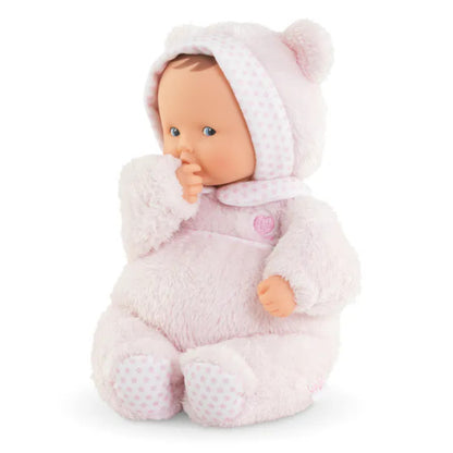 Front view of Babibear Starry Dreams showing the soft vinyl face framed by a plush bear-ear hood and fabric body