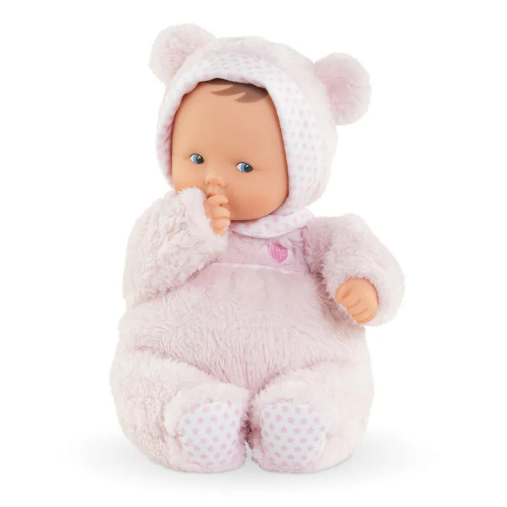 Close-up of the Babibear soft vinyl face, delicately vanilla scented, with the star-print bear hood around it