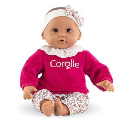 Corolle Bebe Calin Maria 30cm soft body baby doll in a dark pink floral outfit, with sleeping eyes and vanilla scent