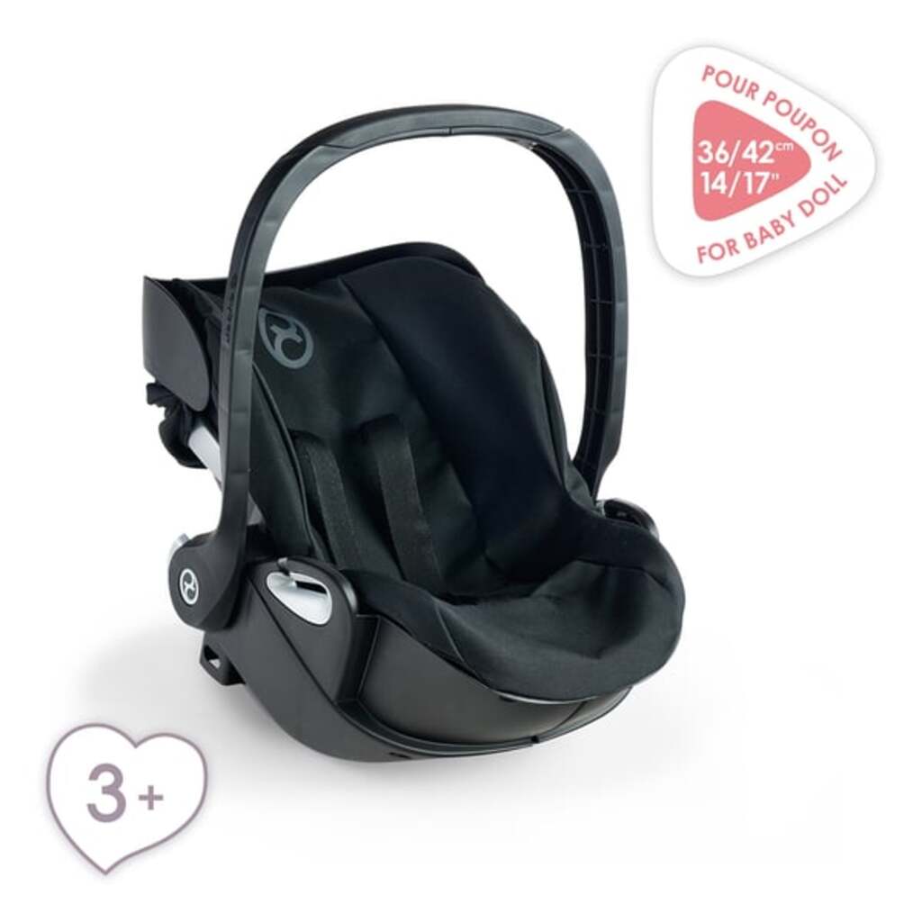 Front view of the black Corolle x Cybex doll carrier showing the padded front panel and shoulder straps