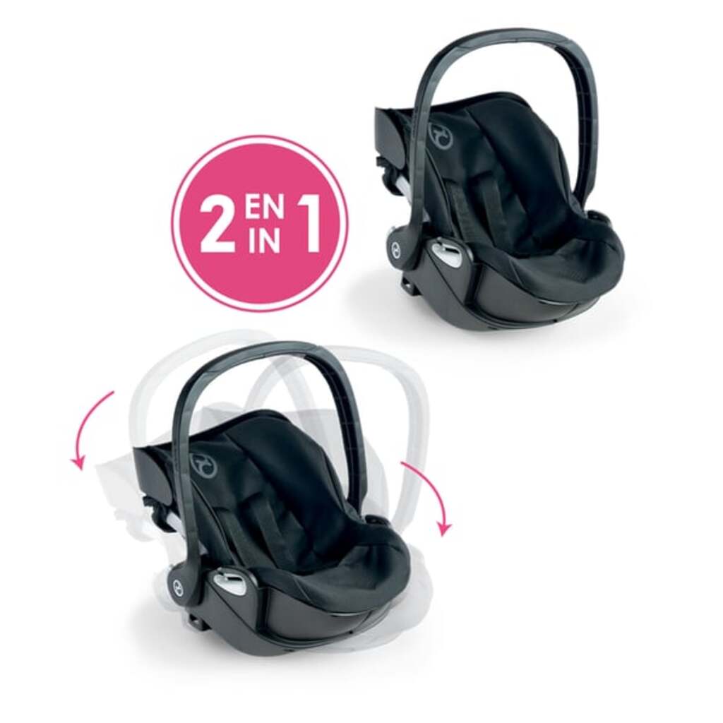 Detail of the Cybex branding and black fabric on the Corolle x Cybex wearable doll carrier