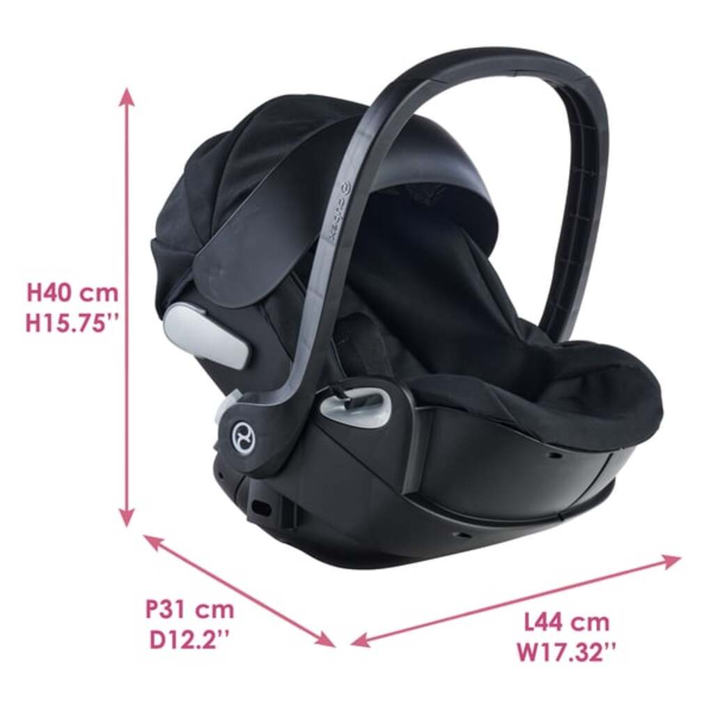 36cm Corolle baby doll held against the chest in the black Corolle x Cybex doll carrier