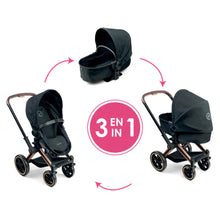 Front view of the black Corolle x Cybex doll pram showing the canopy and the underseat basket