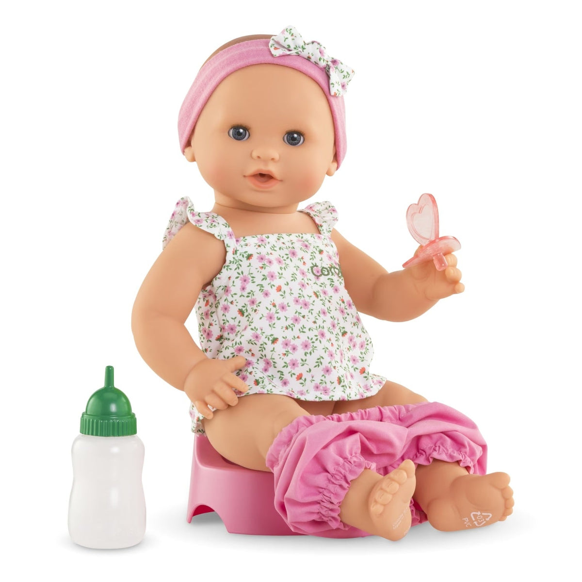 Corolle Emma drink and wet baby doll sitting on potty with bottle and dummy accessories