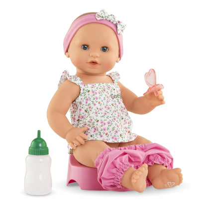 Corolle Emma drink and wet baby doll sitting on potty with bottle and dummy accessories