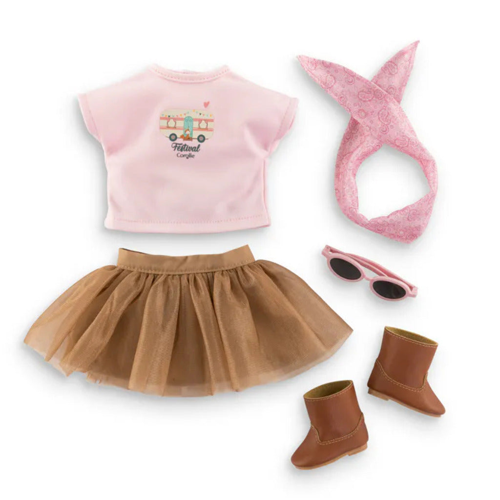 Corolle Festival outfit set for 36cm Ma Corolle dress-up dolls, a coordinated pink and brown multi-piece look