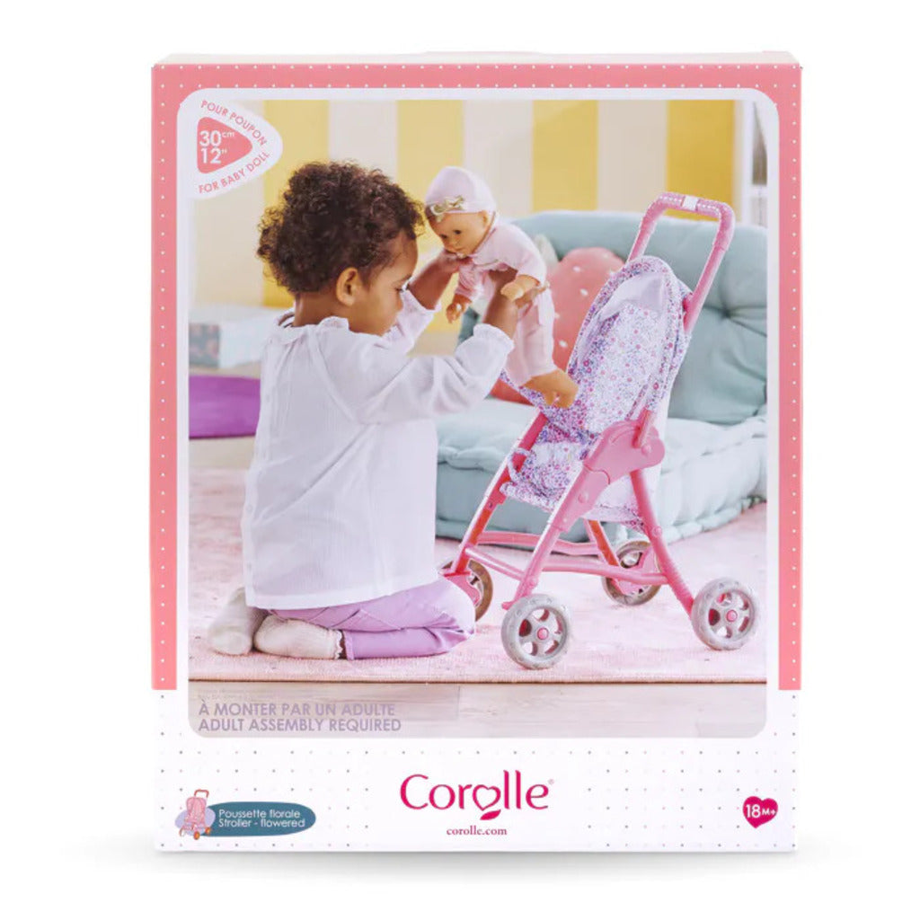 Corolle flowered doll stroller in its packaging, recommended for children from 18 months