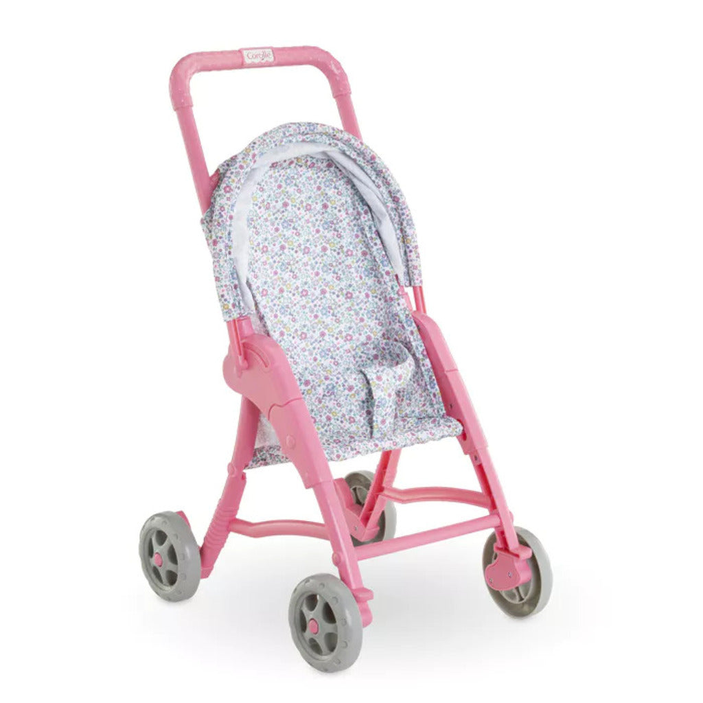 Front view of the flowered doll stroller showing the fabric seat, canopy and toddler-height handle