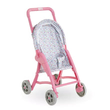 Front view of the flowered doll stroller showing the fabric seat, canopy and toddler-height handle