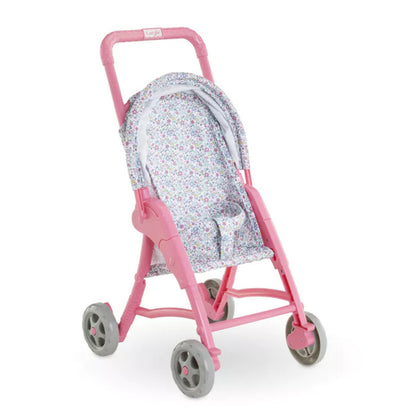 Front view of the flowered doll stroller showing the fabric seat, canopy and toddler-height handle